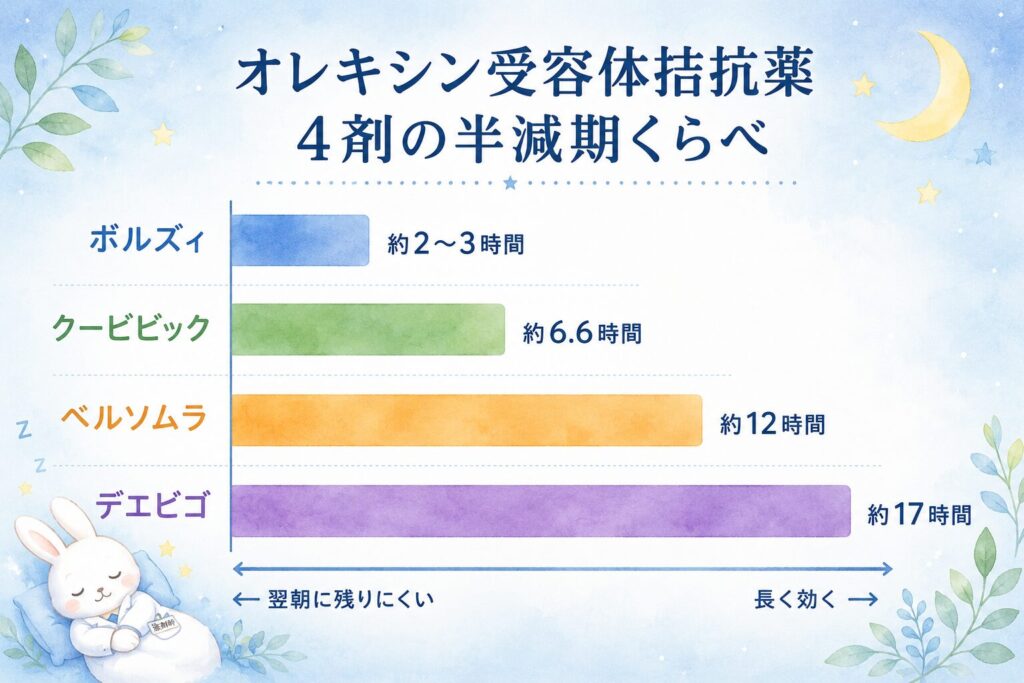 オレキシン受容体拮抗薬4剤の半減期比較グラフ。ボルズィ約2〜3時間、クービビック約6.6時間、ベルソムラ約12時間、デエビゴ約17時間