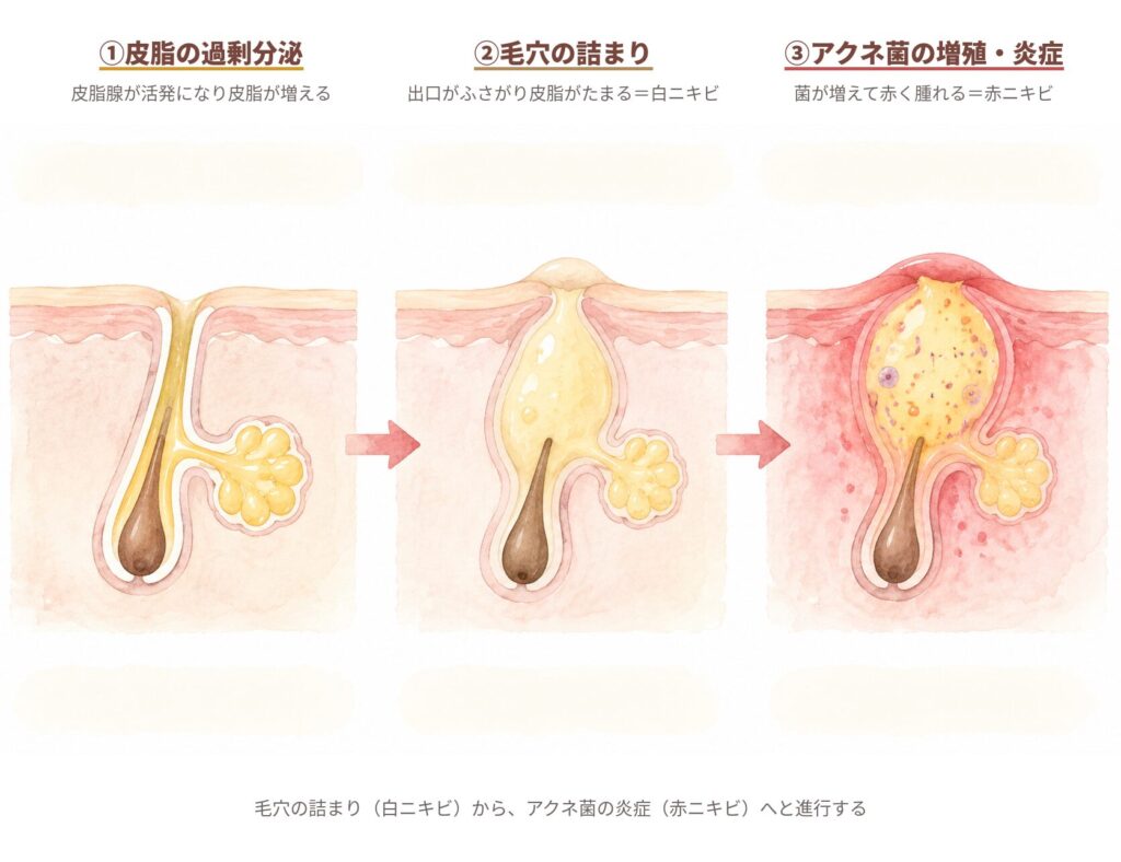 ニキビ（尋常性ざ瘡）ができる3つの段階を毛穴の断面図で示したイラスト。皮脂の過剰分泌から、毛穴が詰まる白ニキビ、アクネ菌が増えて炎症する赤ニキビへと進行する流れ。