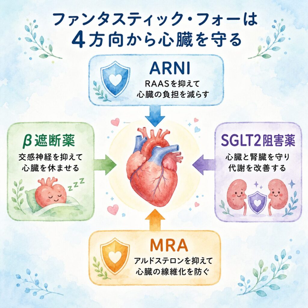 "ファンタスティック・フォーが4方向から心臓を守る図。ARNI・β遮断薬・MRA・SGLT2阻害薬がそれぞれ別の経路で心不全の進行を防ぐ"