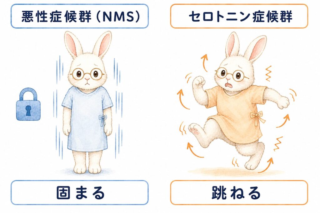 体が固まる悪性症候群と、手足が跳ねるセロトニン症候群の症状の違いをうさぎのイラストで対比した図