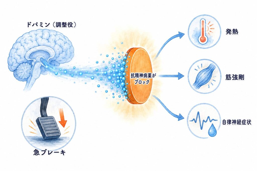 脳から流れるドパミンが抗精神病薬にブロックされ、発熱・筋強剛・自律神経症状が起こる仕組みを示した図