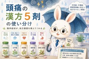 頭痛に使う漢方5剤（呉茱萸湯・五苓散・釣藤散・葛根湯・桂枝人参湯）の使い分けを、冷え・天気痛・肩こりなど随伴症状のアイコンとともに解説するイラスト