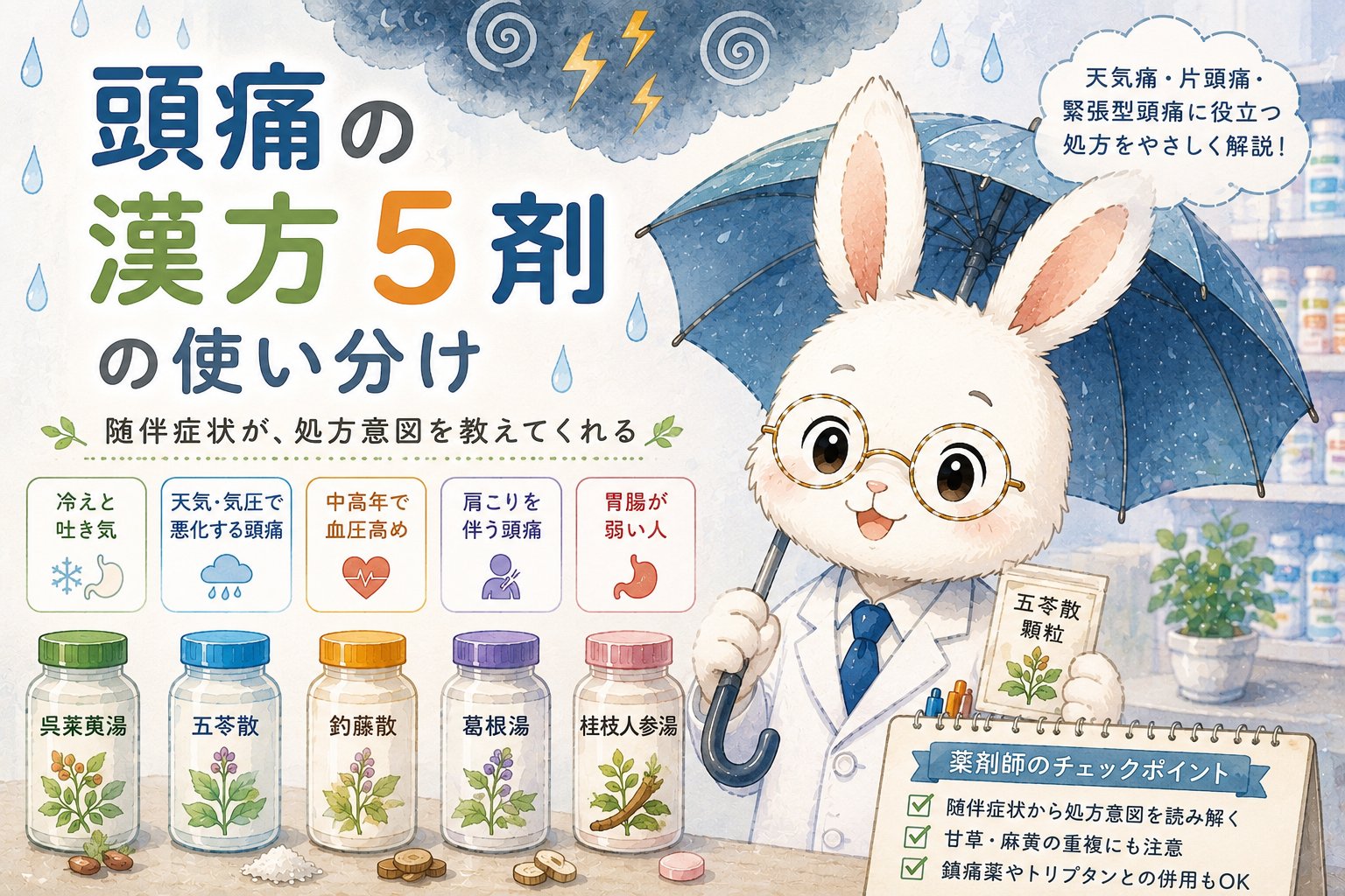 頭痛に使う漢方5剤（呉茱萸湯・五苓散・釣藤散・葛根湯・桂枝人参湯）の使い分けを、冷え・天気痛・肩こりなど随伴症状のアイコンとともに解説するイラスト