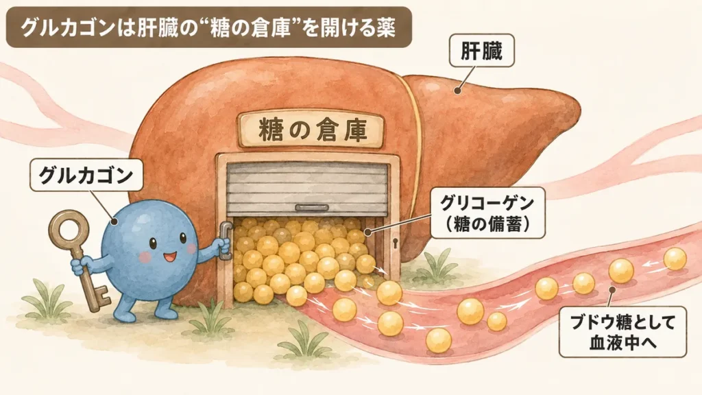グルカゴンが肝臓のグリコーゲンを分解して血糖を上げる仕組みの図解