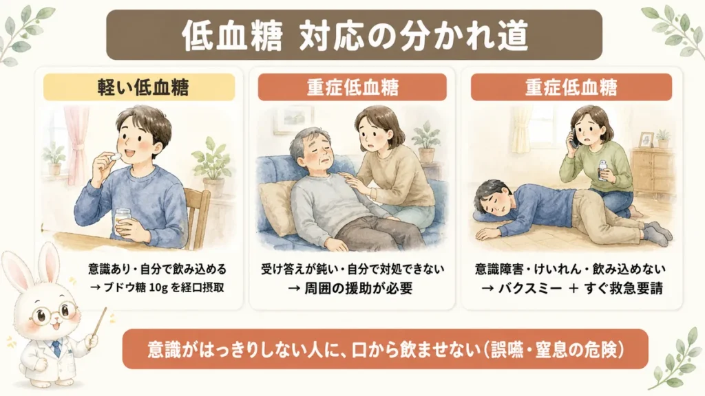 重症低血糖の対応フロー｜意識と嚥下でブドウ糖とバクスミーを使い分ける図解
